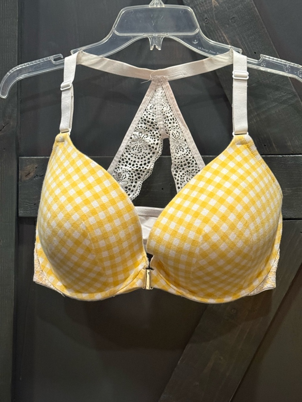 Cacique Yellow Gingham Front-Close Lace Plunge Push Up Racerback Bra